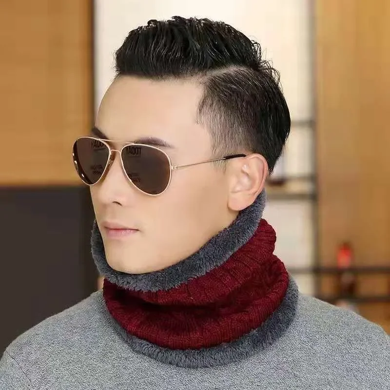 Men Solid Color Soft Knitted Ring Loop Collar Scarf Winter Thick Plush Wool Bib Male Warm Snood Short Scarves Circle Neckchief