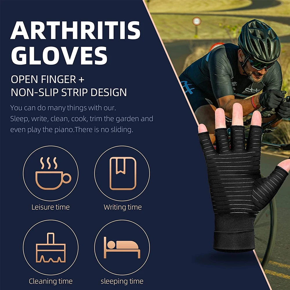 1Pair Copper Arthritis Compression Gloves Women Men Hand Pain Swelling & Carpal Tunnel Fingerless for Typing Support for Joints