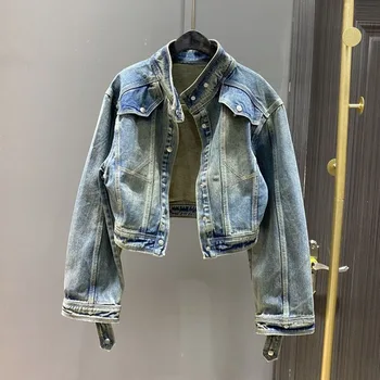 Lucyever 여성용 스탠드업 칼라 짧은 데님 재킷, 트렌디 하이 스트리트, 빈티지 블루, 루즈 Y2K 청바지 코트, 2023 가을