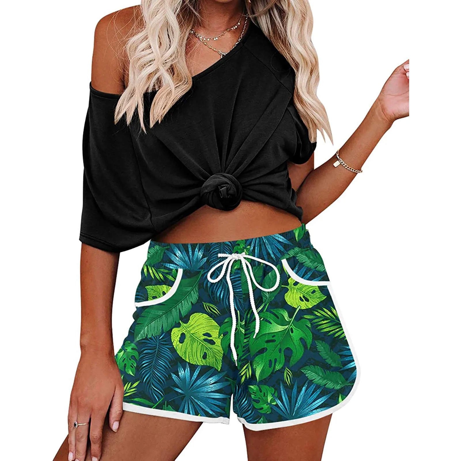 

Шорты женские пляжные с принтом листьев, повседневные короткие штаны с карманами, на шнуровке, свободные удобные, весна-лето