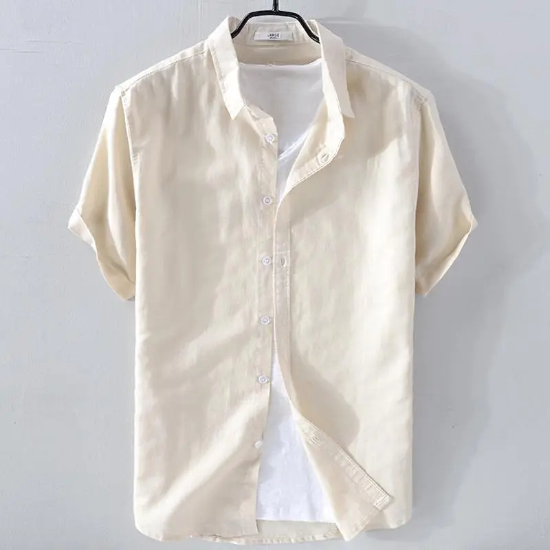 Summer Henry V Neck Button Down Shirt Soft and Comfortable Men's Casual Hawaiian Shirt Solid Color White Black 3