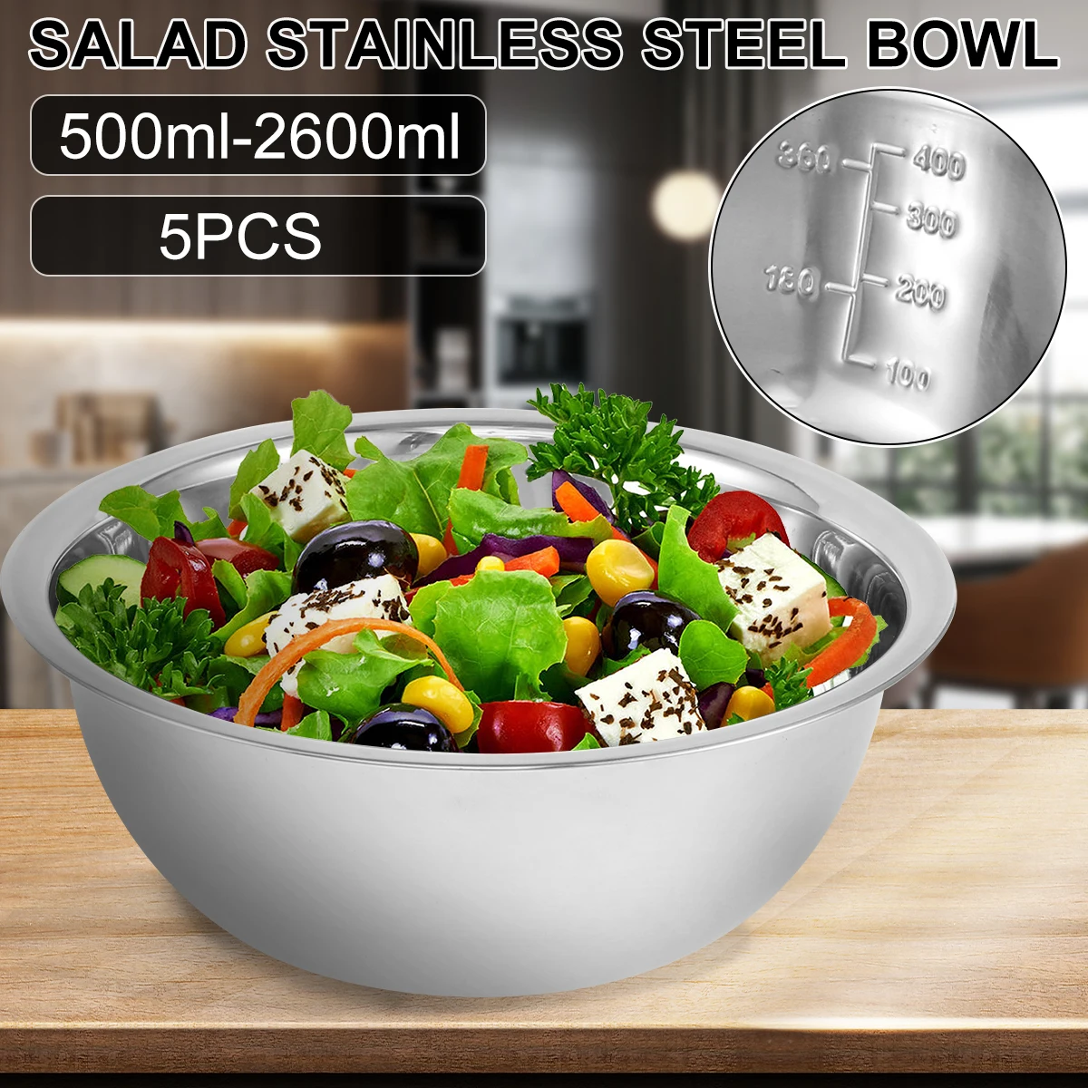 5pcs/set Stainless Steel Mixing Bowl With Scale Kitchen Cooking Salad Bowls  Non Slip Vegetable Food Storage Container - AliExpress