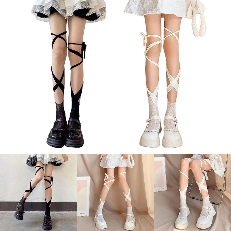 

Womens Knee High Socks Girls Lace Fishnet Bandage Stockings Solid Color Lace Socks Campus Long Socks