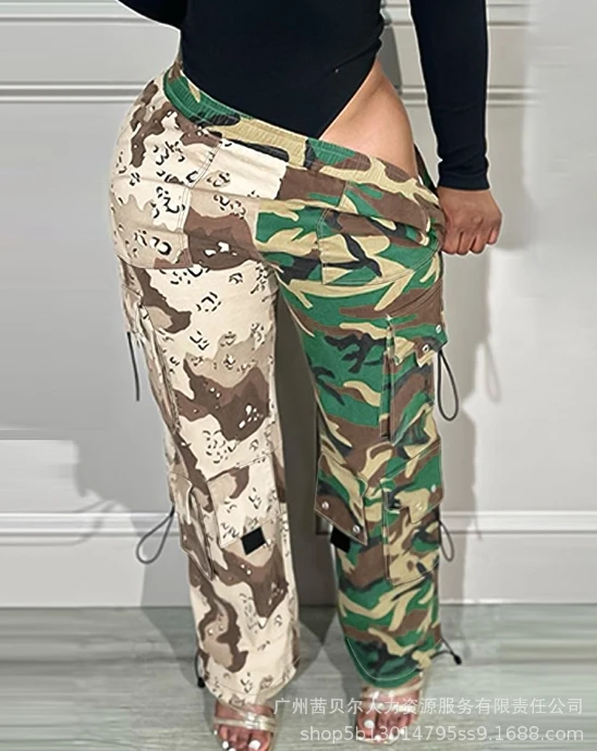 Women's Camouflage Printed Pants New High Waist Button Wide Leg Pants Female Casual Fashion Straight Tube Camo Vintage Trousers