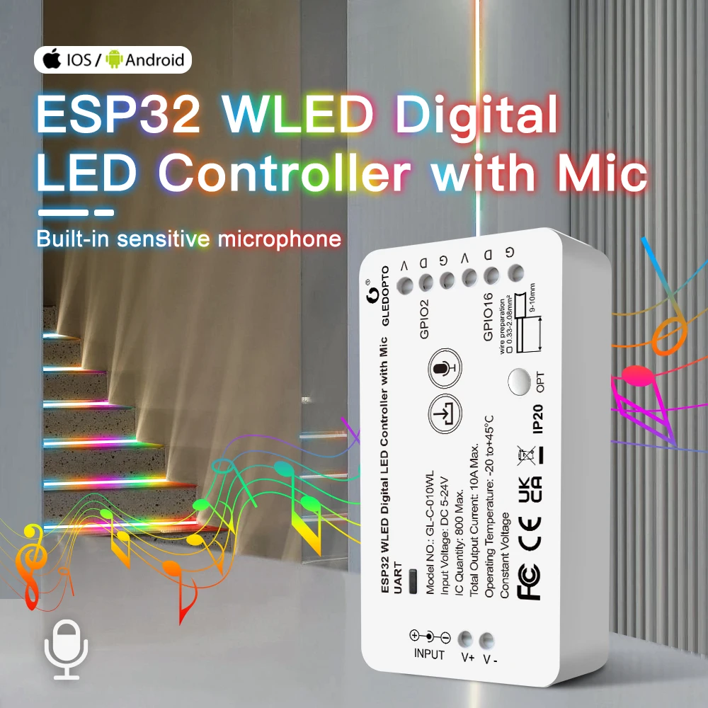 GLEDOPTO WLED LED Strip Controller ESP32 With Mic 100 Dynamic Lighting Mode DIY WiFi APP Control 800 IC WS2811 SK6812 LED Strip mks dlc32 mainboard grbl offline control tft wifi grbl esp32 wroom 32u mode