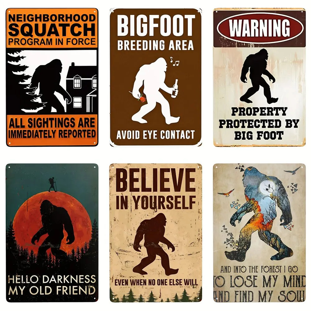 Tin Metal Sign Warning Bigfoot Funny Poster Decorative for Home