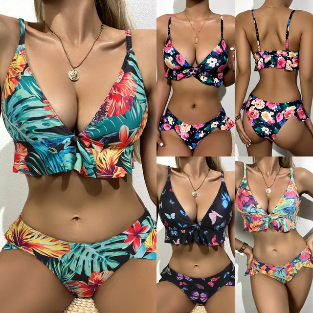 Beach Style Women Three Piece Biniki Set Lace Up Bra Panty Printed  Beachwear Chiffon Swimsuits Cover Up Bathing Suits - AliExpress