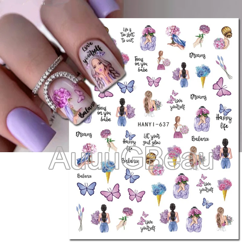 3d Nail Art Decals Purple Florals Lavender Flowers Letters Adhesive Sliders Nail Stickers Tips Manicure