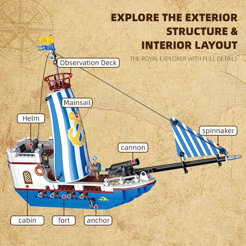 Ocean Adventure Ship Sail Puzzle Blocks - Decorative and Fun Building Set with Unique Flag Designs