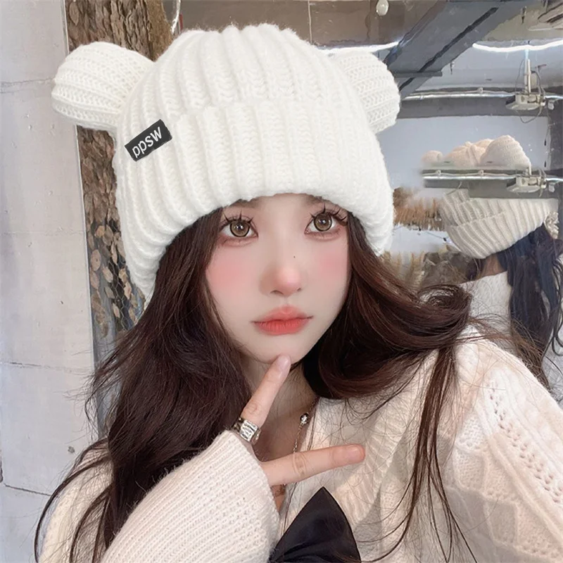 

Unisex Winter Autumn Cute Cartoon Bear Ears Double Needle Craft Knitting Beanies Skull Hat Adult Child Outdoor Warm Cold Cap