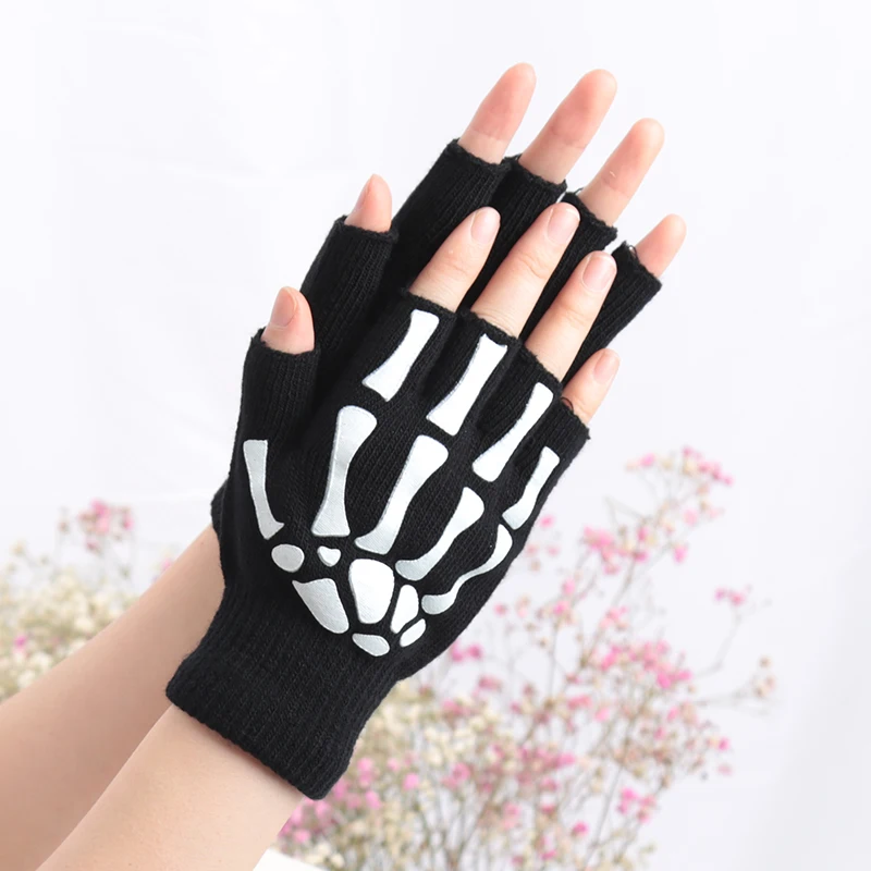 Guantes Punk luminosos de medio dedo para niños y adultos, manopla negra sin dedos, para Halloween - Imagen 6