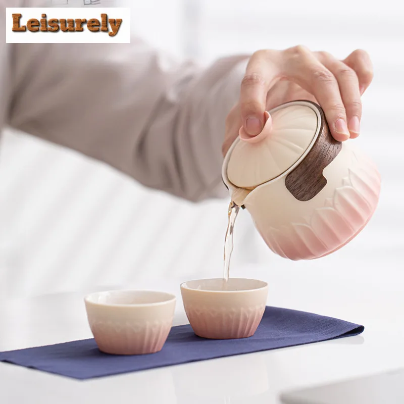 Gradient Ramp Lotus Travel Tea Set Kit Traditional 1 Pot 3 Cups Tea Maker Organizer Portable Camping Tote Bag Accessories Craft