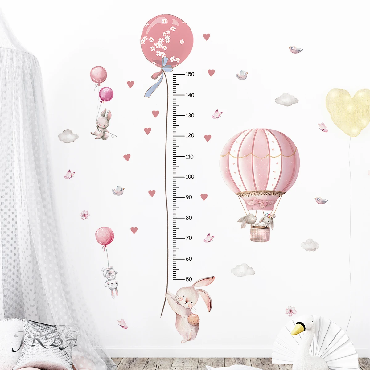 2Pcs Cartoon Rabbit Balloon Height Measurement Wall Stickers for Kids Room Bedroom