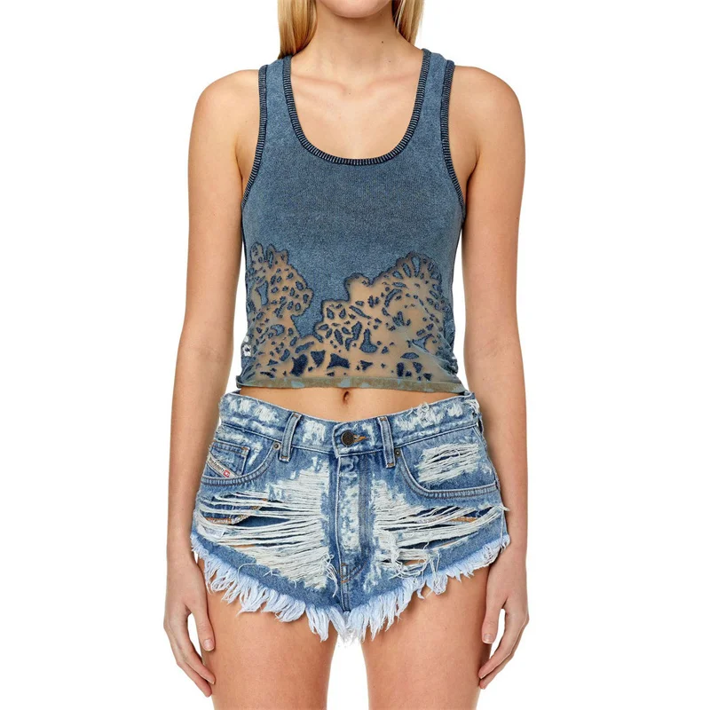 

Woman clothing 2023 Summer New Korean Fashion Mesh hollow burnt flower knit Tank Top sexy Slim Elastic Semi Perspective tops y2k