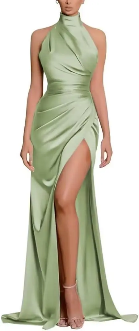 2025 baljurk dames lange dames elegante halterrug vrije lange jurk crisn satijn spaghetti party avondjurk zijsplit bruiloft avondfeest jurk met zakken sexy jurk party kort, zwart, L