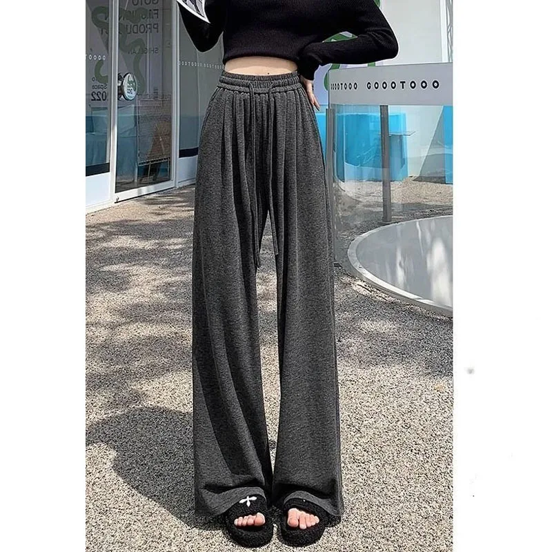 Women's Elastic Waist Drawstring Pockets Wide Leg Autumn Winter Solid Color High Waist Straight Loose Casual Floor Length Pants jeans white purple crop casual straight tube pants baggy jeans casual wide leg pants full length women pockets pants