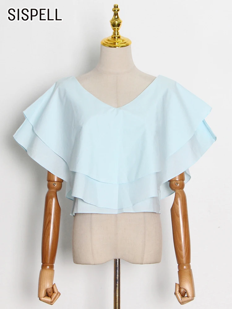 

SISPELL Casual Pullover Solid Shirt For Women V Neck Short Sleeve Ruffle Trim Loose Blouses Female Fashion Clothing Style 2022