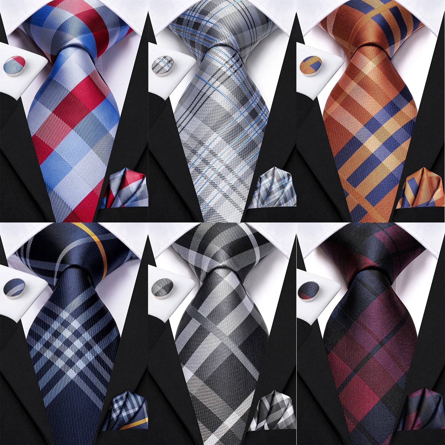 Hi-Tie Designer Silk Wedding Tie For Men Blue White Plaid Handky Cufflink Set Fashion Necktie For Men Business Party Wholesale