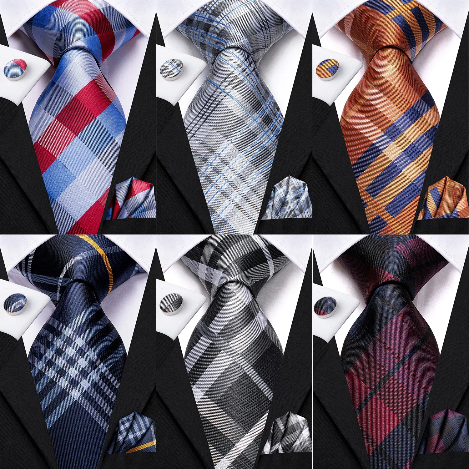 Hi-Tie Designer Silk Plaid Wedding Tie Handkerchief Cufflink Set for Men Business Party