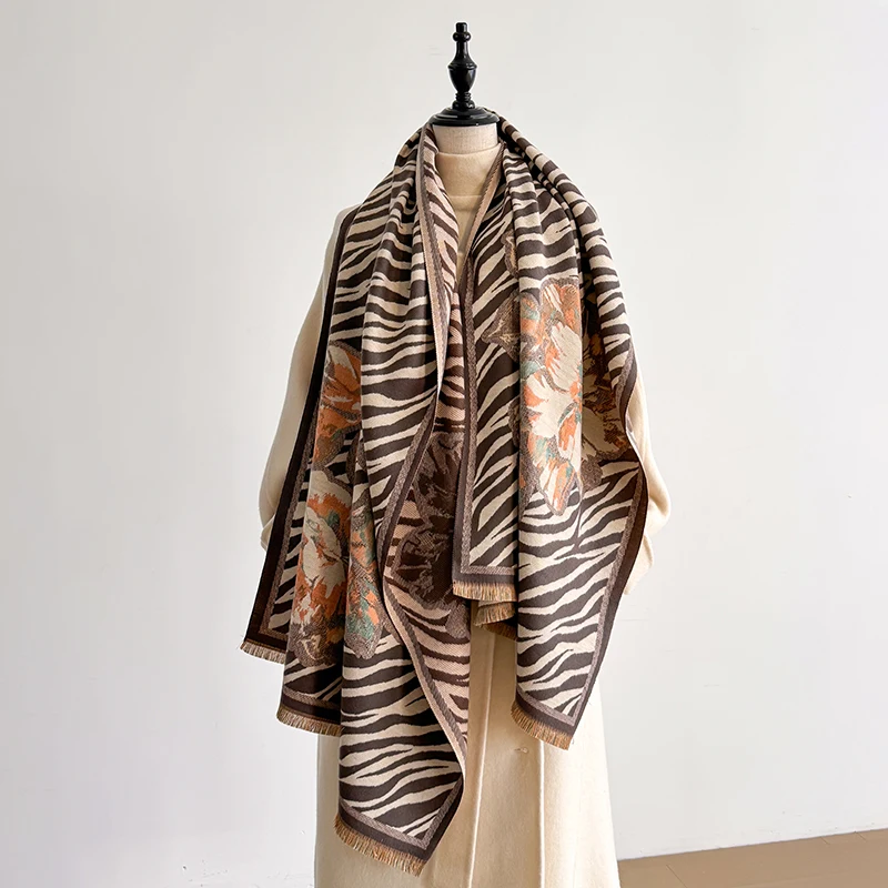 2025 Women's Luxury Cashmere Winter Shawl - Zebra Print with Tassels Pashmina Bandana Wrap