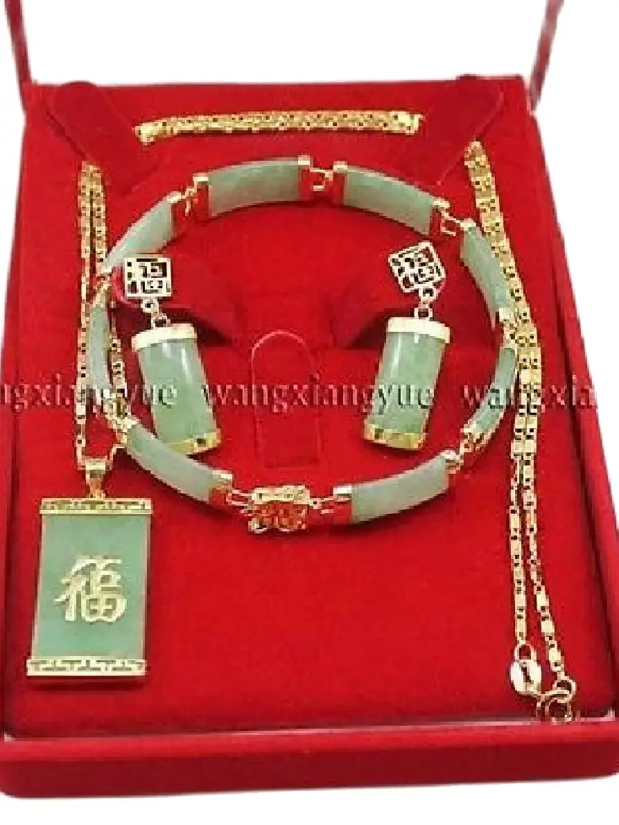 

Green Jadess Inlay Link Bracelet earrings Necklace Pendant Set plated watch wholesale Quartz jade CZ crystal