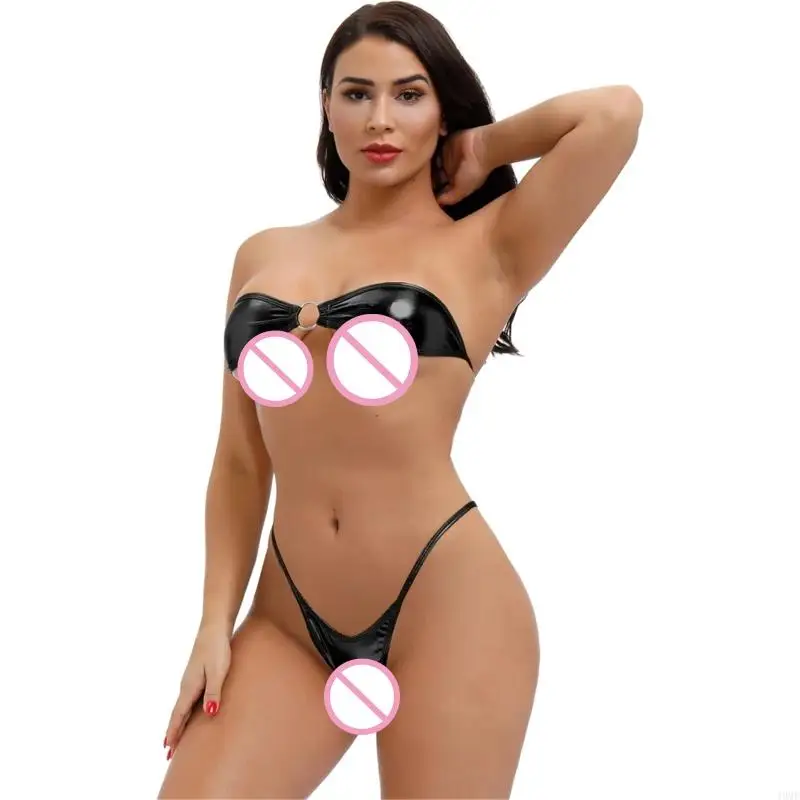 49MF Micro Set for Women Strapless Bra Mini Thong Shiny Sexy 3-Point Lingerie