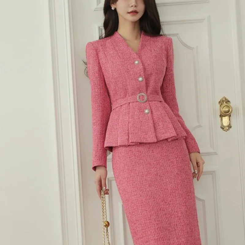 

Women's Autumn Winter Fashion Elegant Solid Color V-neck Button Ruffle Edge Korean Versatile Long Sleeved Slim Fit Skirt Set
