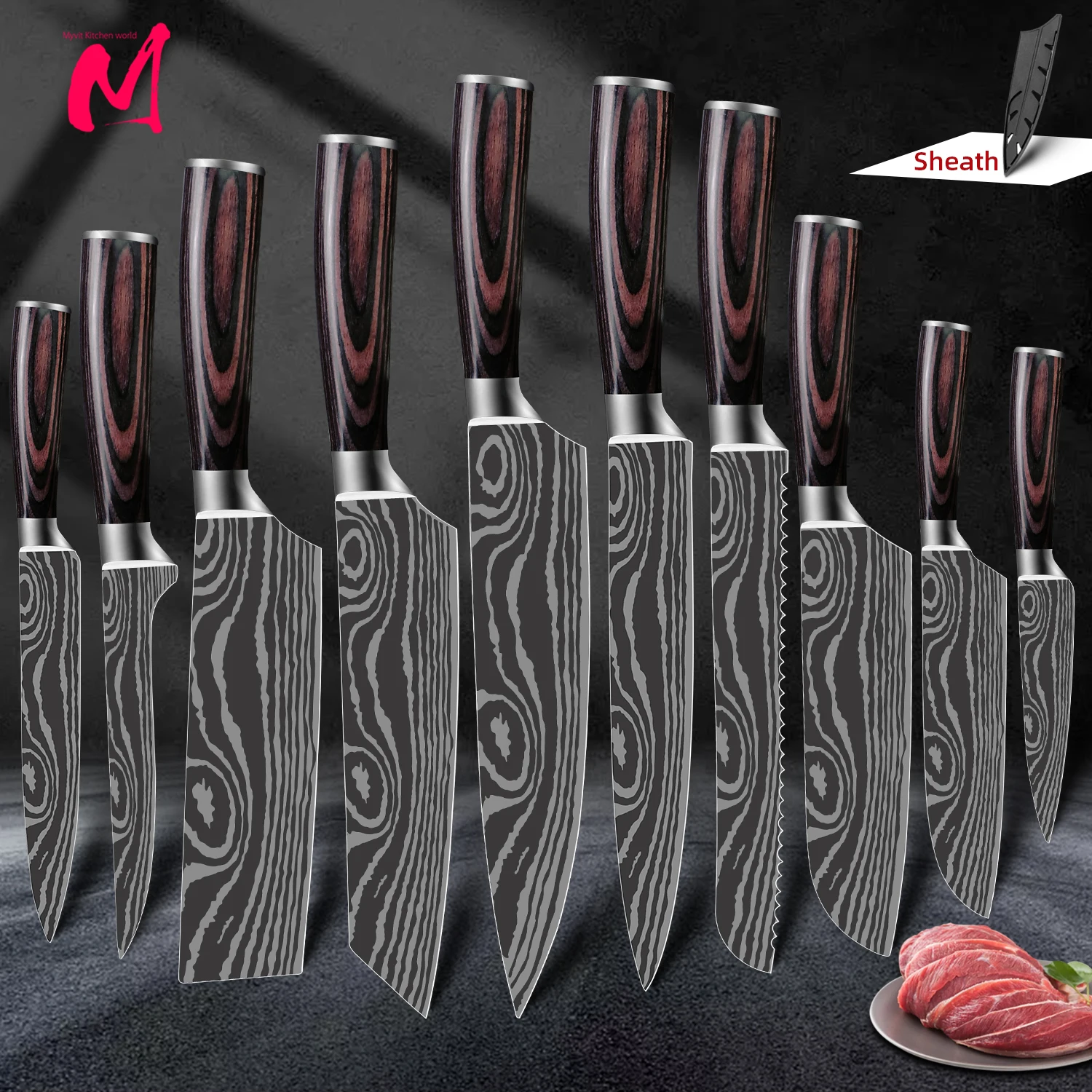 kitchen knives 1-10pcs 7CR17 High Carbon Stainless Steel Damascus Drawing Gyuto Cleaver Set Slicer Santoku Knife Chef knife