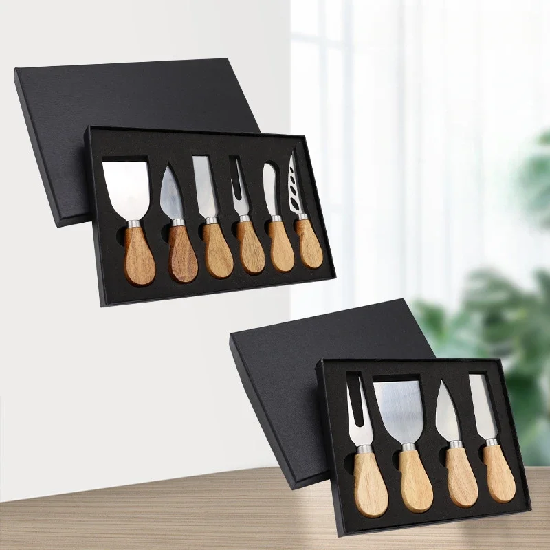 4pcs/6pcs Oak Cheese Knife Set Cheese Knife and Butter Kraft Paper Box Packaging Tools Suit