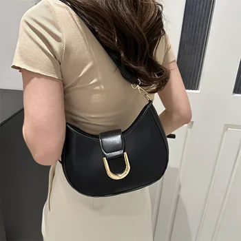 حقيبة كتف أنيقة على شكل هلال أسود للنساء - لون سادة أنيق، جلد صناعي مع مشبك آمن للإغلاق 3