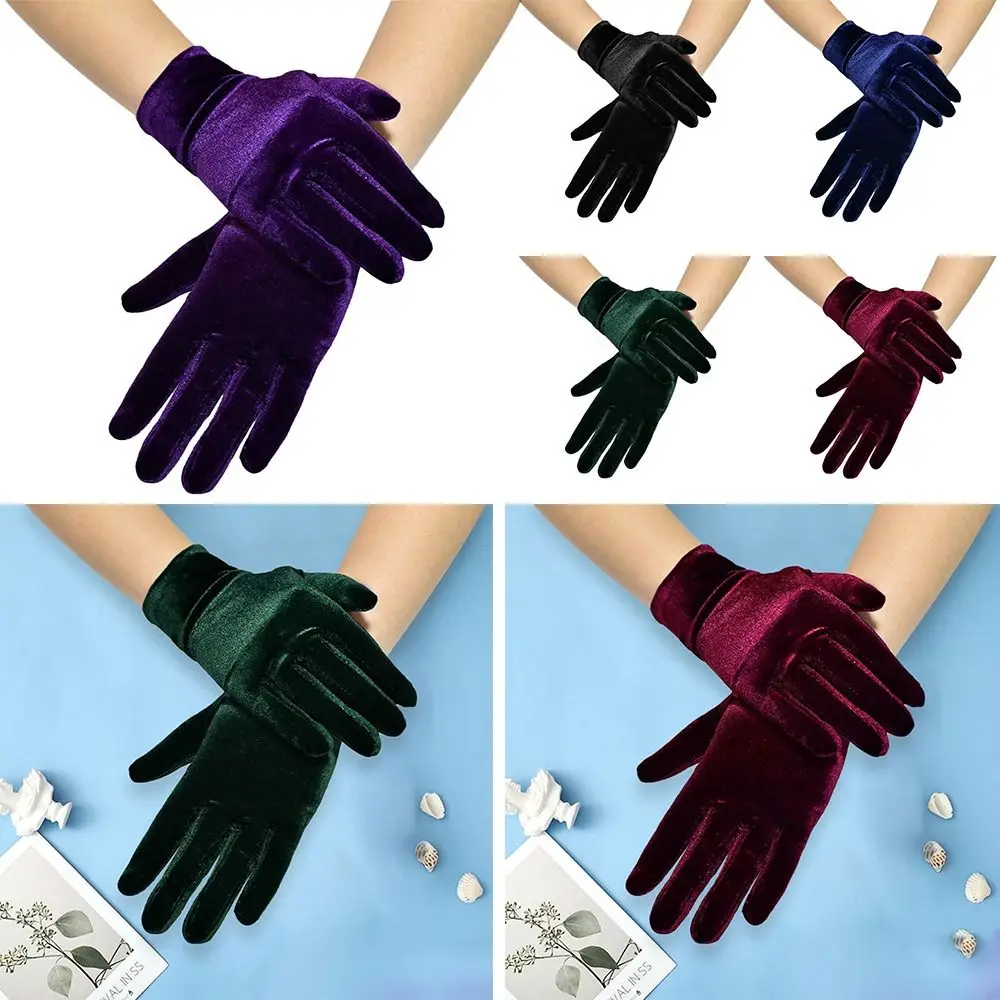 Vintage Velvet Full Finger Gloves For Women Classic Short Opera Gloves Autumn Winter Stretchy Wrist Length Banquet Satin Gloves gloves women s winter short wrist thermal warm autumn touch screen short style driving guantes outdoor full finger velvet mitten