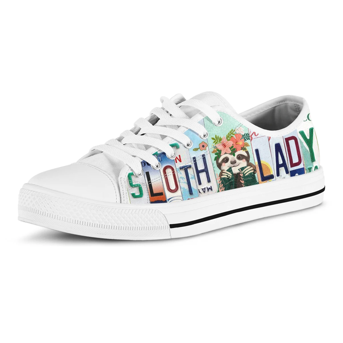 License Plate Sloth Lady Cute Women Canvas Shoes Low Top Vulcanized Sneakers Light Comfort Flats Plus Size 12 13
