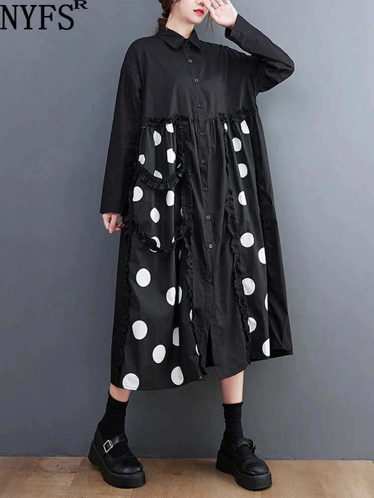 

NYFS 2023 Autumn New Vintage Woman Dress Vestidos Robe Elbise Loose Plus Size Dot Print Patchwork Long Sleeve Shirt Dresses