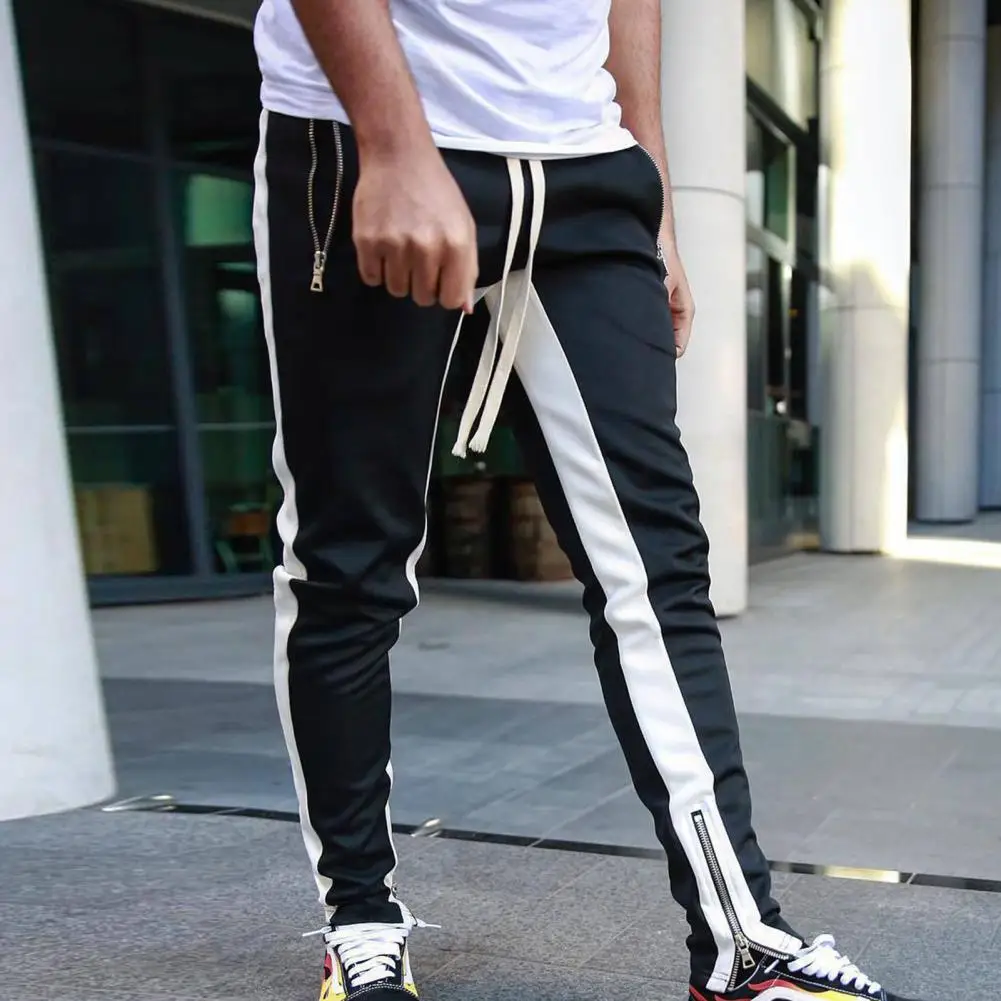 

Men Summer Pants Elastic Waist Drawstring Contrast Color Ankle-banded Zipper Pocket Daily Wear Casual Loose Men Sweatpants Male