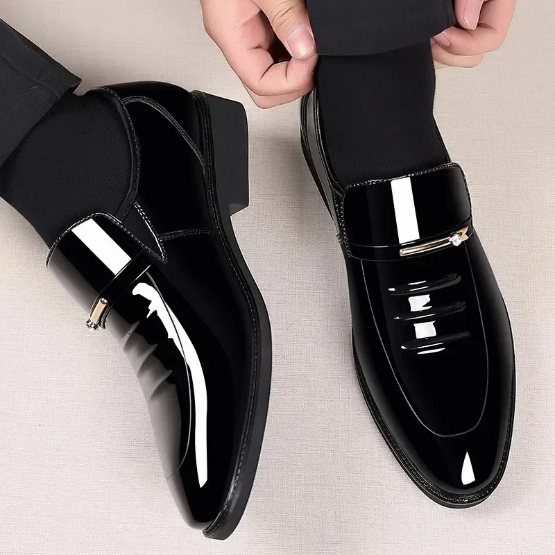

Black Patent Leather Shoes Slip on Formal Men Shoes Plus Size Point Toe Wedding Shoes for Male Elegant Business Casual Shoes
