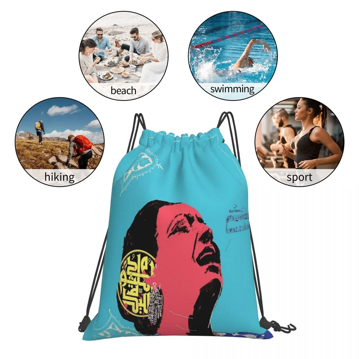 Umm Kulthum Art from ArabLit Quarterly Drawstring Bag Backpack Anime Travel Bag Men's School Bag Small Cloth Bag