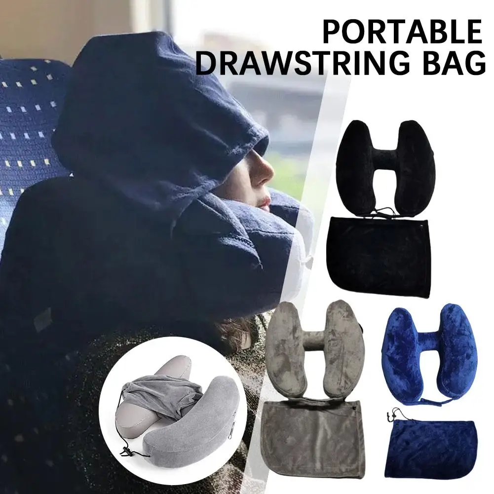 

H Shaped Travel Massage Pillow Removable Inflatable Storage Long Distance Outdoor Portable Rest Hooded Travel Neck Pillow C J2i2