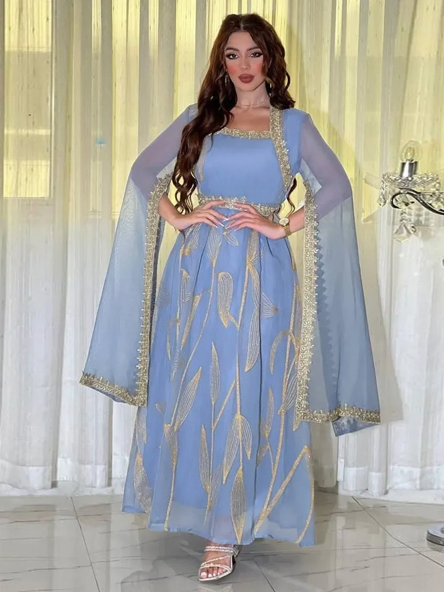 Abaya Dubai Luxury Moroccan Caftan Fashion Party Africano Dress Chic Gold Stamping Mesh Belted Muslim Gulf Gown