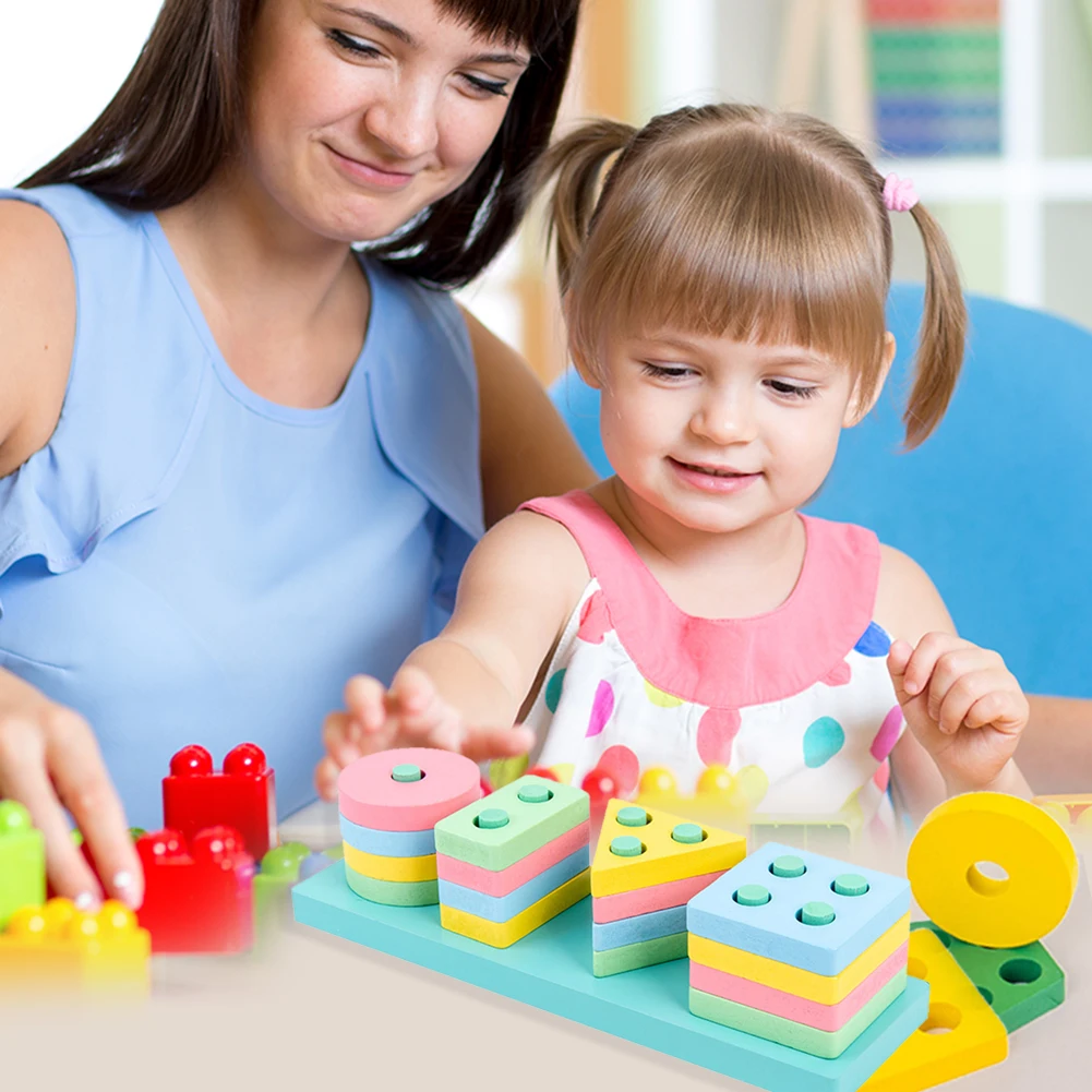 Baby Wooden Geometric Shapes Sorting Math Toys Set Montessori Toddler Kids Educational Stacked Puzzle Preschool Learning Game