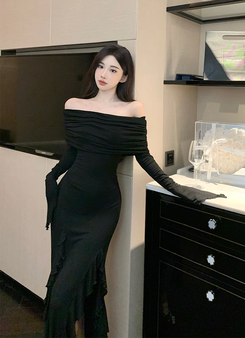 Sexy Bodycon Evening Dresses for Women Long Sleeves Slash Neck Ruffles High Slit Slim Korean Fashion One Piece Vestidos Mujer