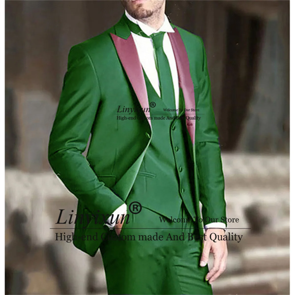 

Fashion Green Men Suits For Wedding 3 Pieces Groom Tuxedos Slim Fit Groomsmen Prom Blazers Sets Business Male Costume Homme
