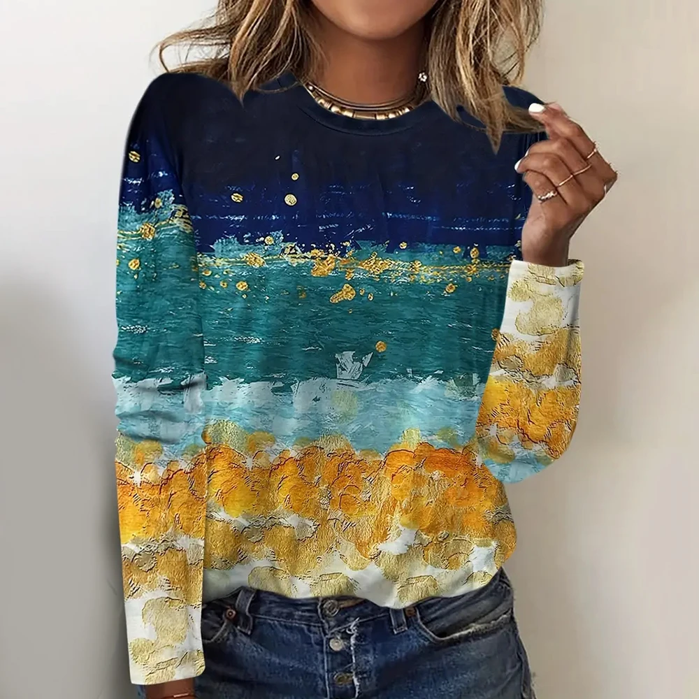 

Ladies Coastline Oil Painting 3D Printed Retro Delicate Personality Ladies Fashion Crewneck Beautiful Autumn and Winter Street