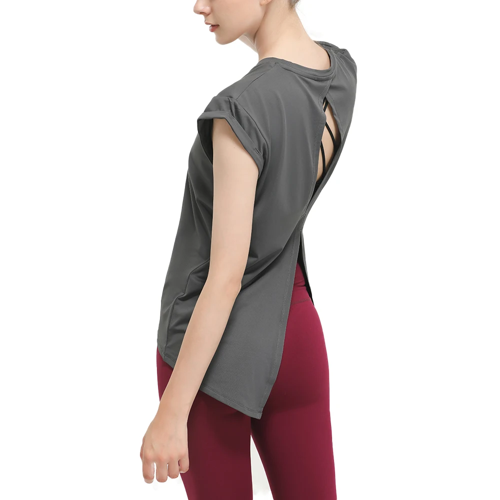 Fitness Tshirt Women Short Sleeve Polyester Fast Dry Hollow Back Bandage Gym Running Workout Yoga Sports Casual Shirts Plus Size