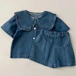 New 2024 Spring Summer Girls Solid Denim Culottes Suits Kids Fashion Sleeveless Top Shirts+ Shorts Dress Two-piece Clothing Sets