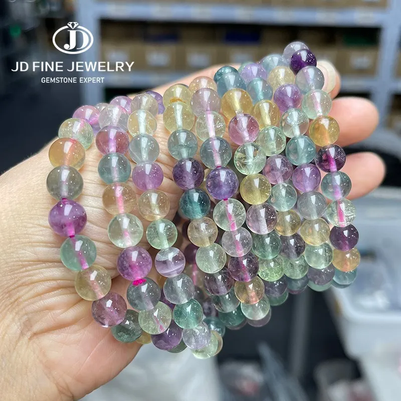 Jd Natural Light Color Ice Rainbow Fluorite Round Bead Bracciali Donna Beautiful Colorful Crystal Energy Healing Fashion Jewelry