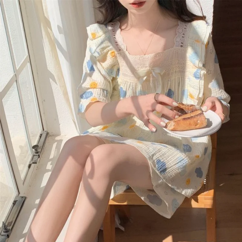 여성용 루즈한 클라우드 프린트 파자마 세트, 달콤한 러플, 올 매치 소녀 잠옷, 가정 얼짱, 캐주얼 학생, 공주 여름