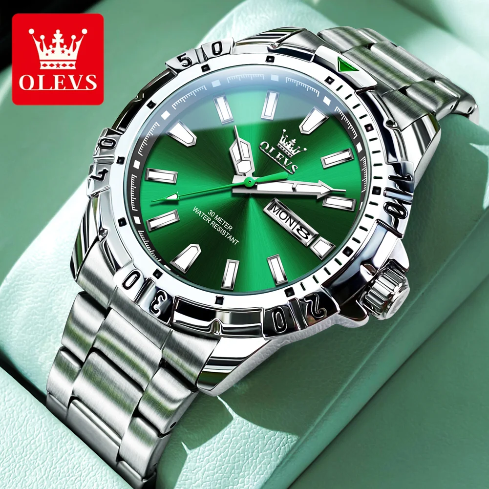 OLEVS Original Watch for Men Luxury Waterproof Green Dial Luminous Stainless Steel Classic Quartz Analog WristWatches Date Week