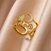 Double Layer Stars Moon Rings for Women Stainless Steel Gold Color Adjustbale Ring Femme Aesthetic Wedding Fashion Jewelry Gift