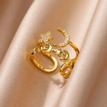 Double Layer Stars Moon Rings for Women Stainless Steel Gold Color Adjustbale Ring Femme Aesthetic Wedding Fashion Jewelry Gift