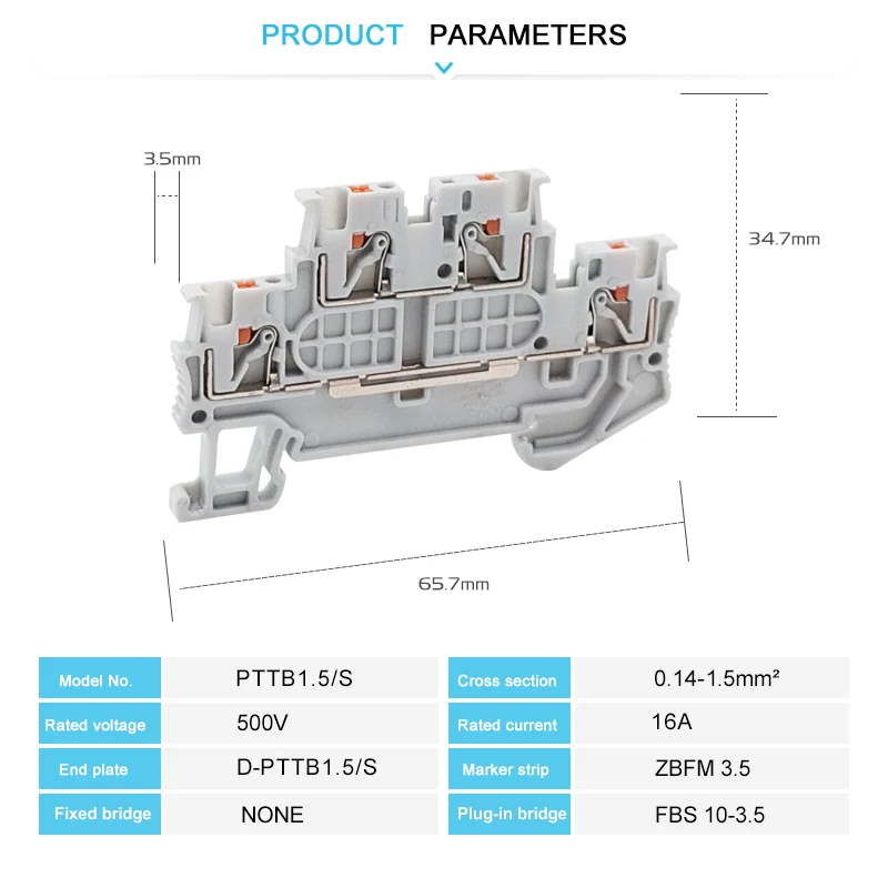 PTTB 1.5/S Double Level Push-in Din Rail Terminal Block 4-Conductor PT 1.5mm&sup2; Cable Electrical Wire Connector PTTB1.5 PTTB-1.5 wire connectors din rail terminal block